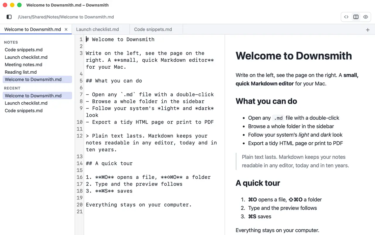 Downsmith window with the Markdown source on the left and the rendered preview on the right